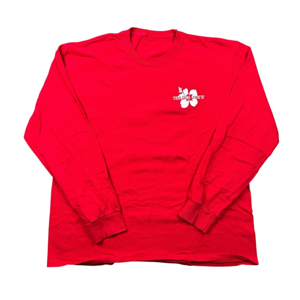 Trader Joes Shirt Men XL Red Long Sleeve Hawaiian Hibiscus Logo Grocery Store